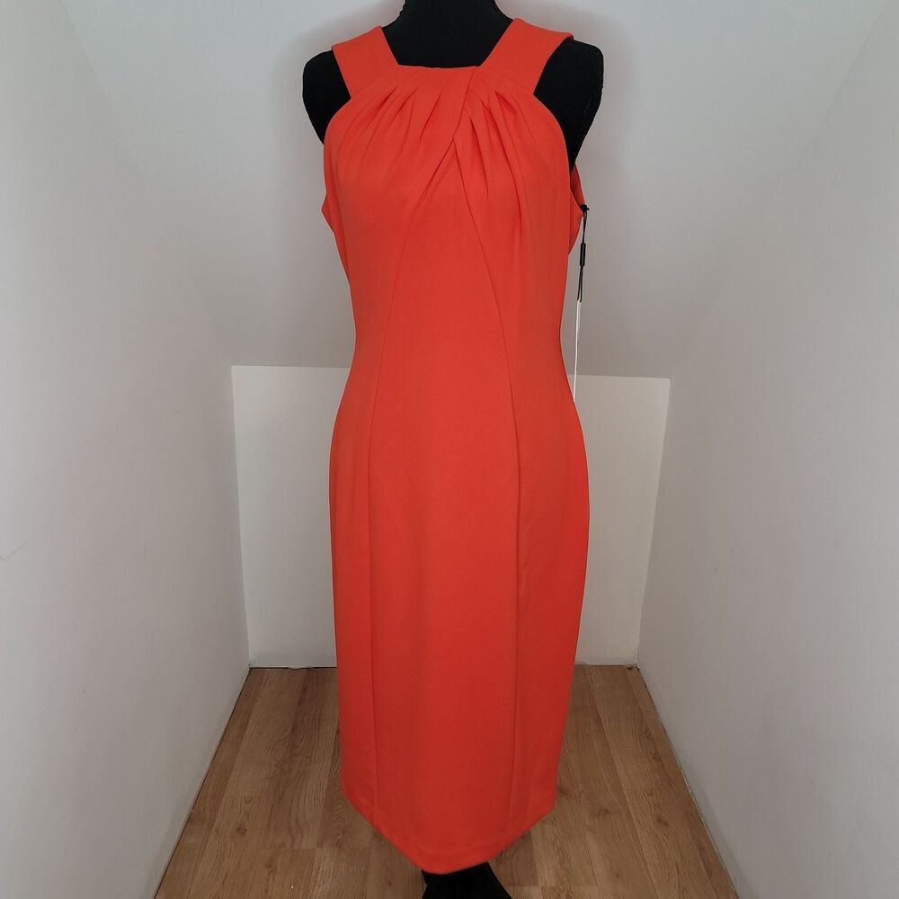 Calvin Klein Womens Size 8 Dress NWT Coral Orange Sleeveless Ruched READ